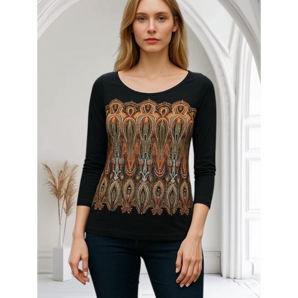 Cache Womens Top Blouse Size M Black Brown Blue Gold stones Chains Fairy Boho